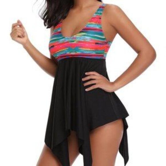 TEMPT ME BLACK MULTICOLRED ASYMMETERICAL SWIM DRESS WITH BOTTOMS SIZE MEDIUM NWT - Picture 1 of 5